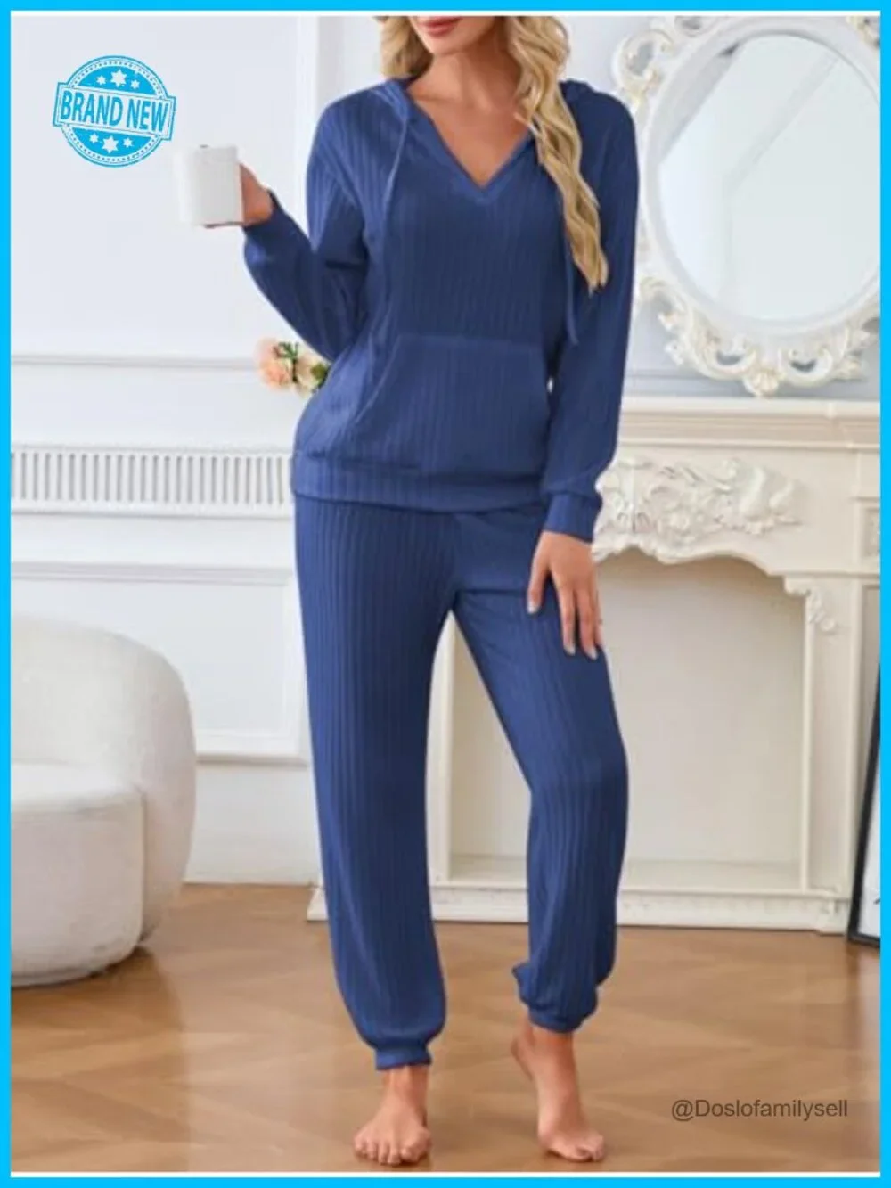 Ribbed Knit Matching Pajama Set with Hoodie & Joggers Pockets